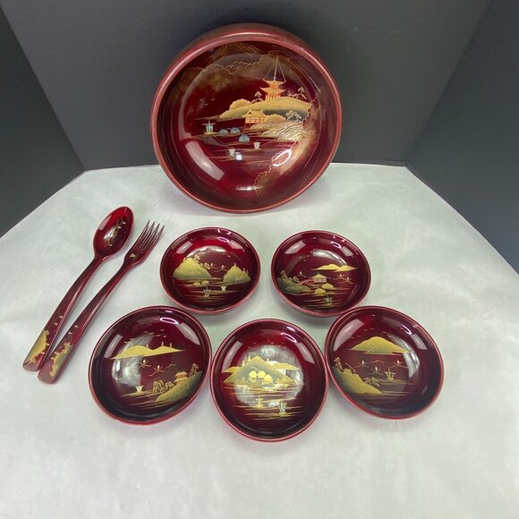 Unbranded Other - Vintage Mid Century Lacquerware 8 Piece Bowl Set Asian Style Hand Painted Red